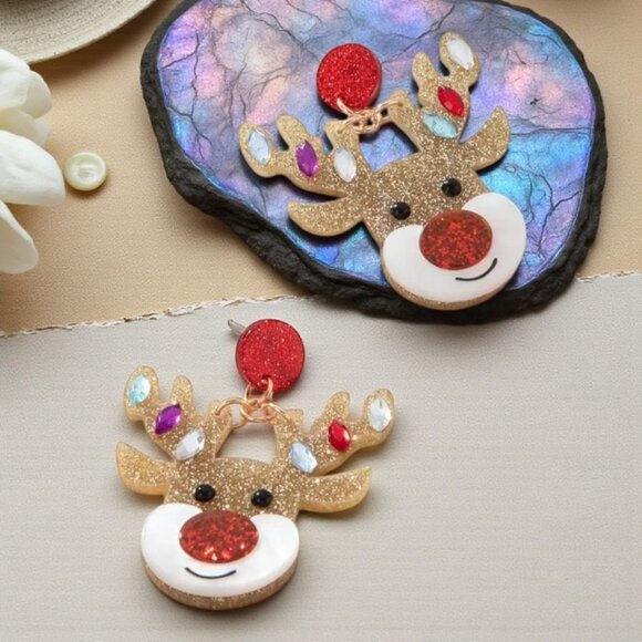 🆕Christmas Holiday Reindeer Head Novelty Earrings Glittery Rhinestone Dangle - Picture 6 of 14